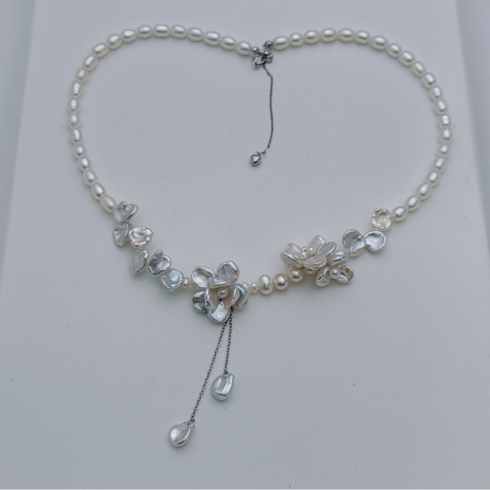 X710 S925 Handmade Freshwater Baroque Pearl Dainty Flower Necklace